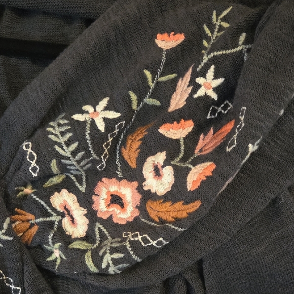 Embroidered Balloon Sleeve Open-front Gray Cardigan Sweater - Picture 5 of 6